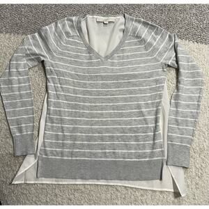 LOFT Women's XS Striped V-Neck Long Sleeve Top Chiffon Back Gray 70146 354980